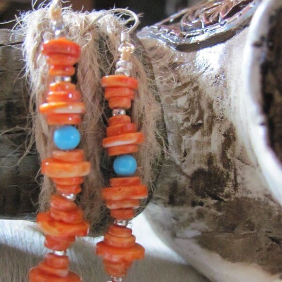 ZUNI HAND MADE SPINY OYSTER & SLEEPING BEAUTY TURQUOISE EARRINGS - Picture 1 of 16